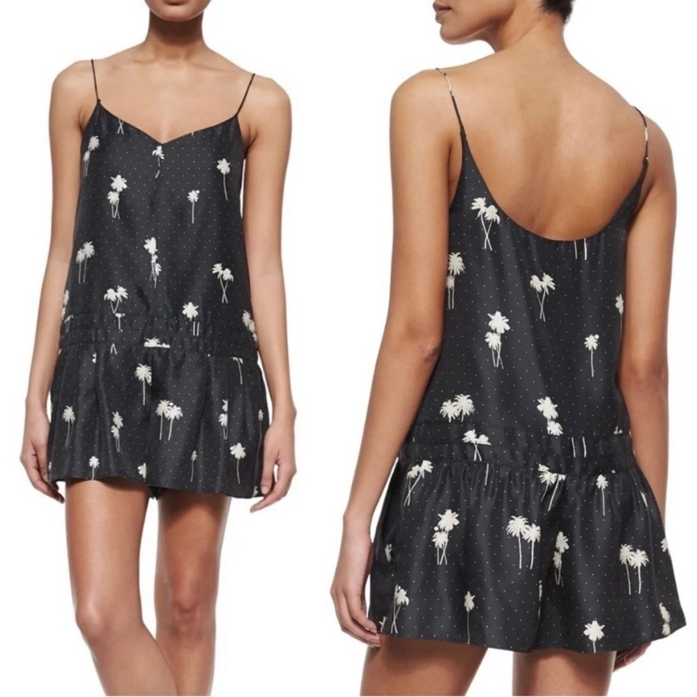 Rag & Bone Dune Palm Print Drop Waist Pocketed Silk Black Cream Romper Size 6